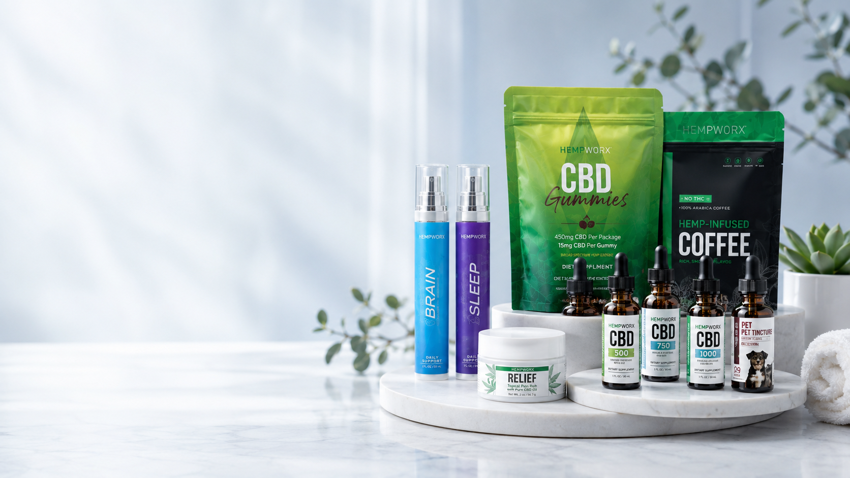 The full range of HempWorx CBD oils, gummies, Relief cream and pet tinctures displayed together