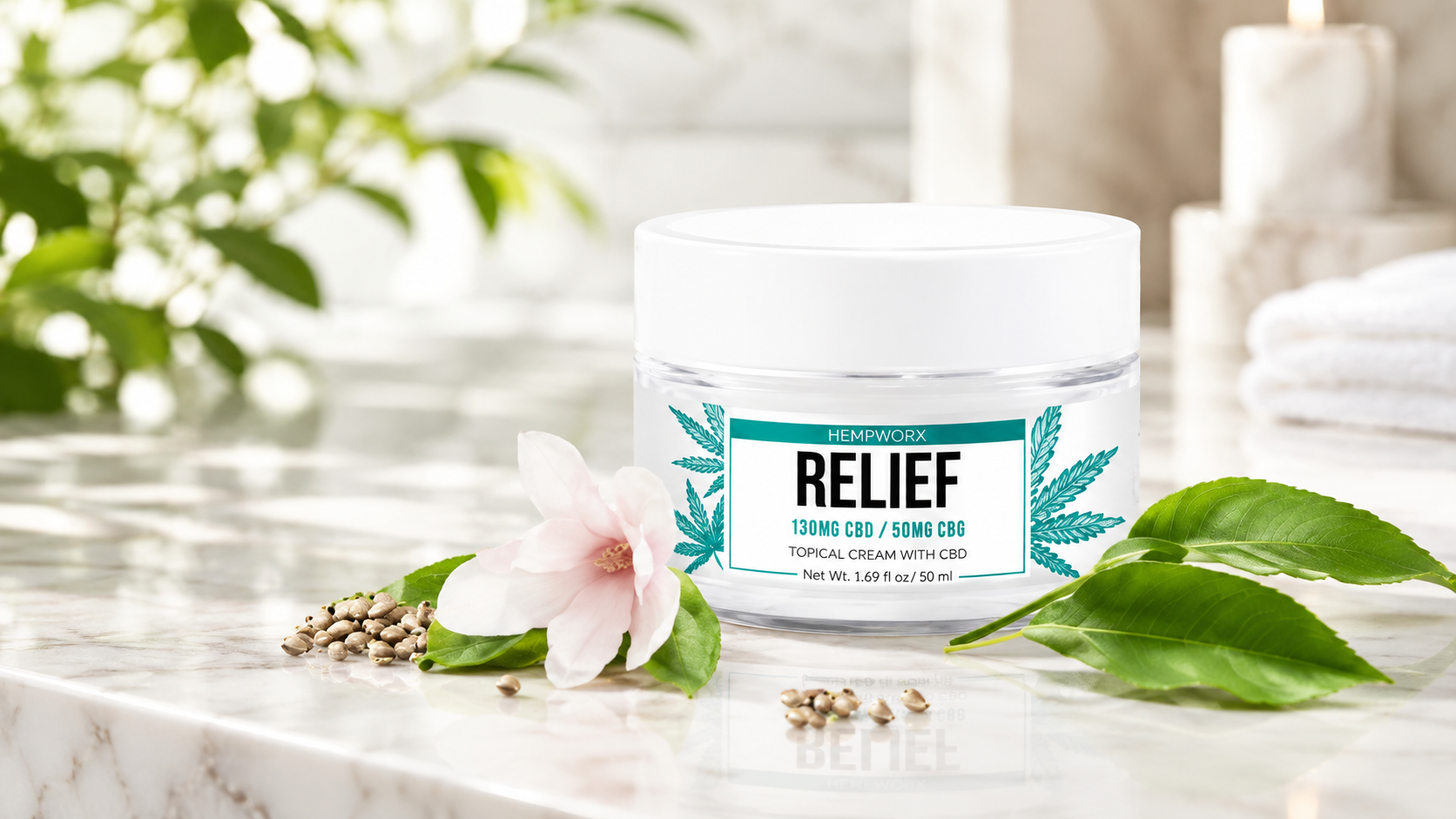 HempWorx CBD Relief Cream 130mg CBD and 50mg CBG topical jar with hemp leaves