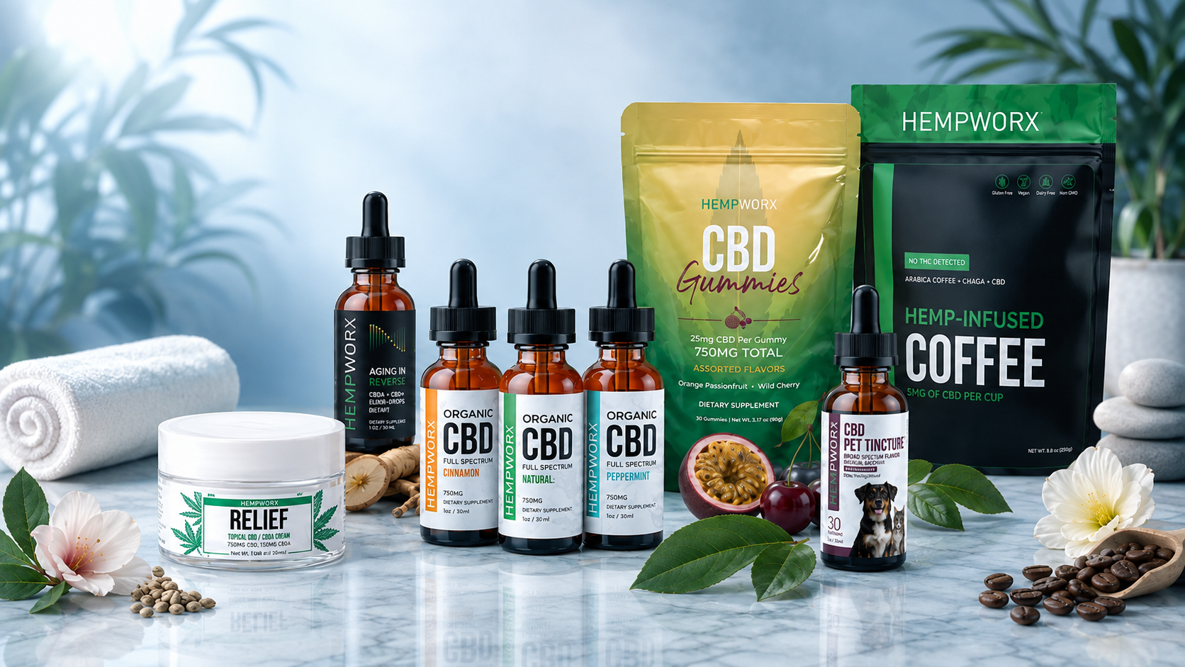 HempWorx CBD oil range: 750mg full spectrum natural, cinnamon and peppermint tinctures with CBD Relief Cream, CBD gummies, hemp infused coffee and CBD pet tincture