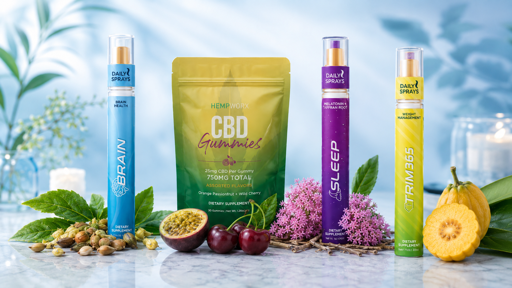 HempWorx Daily Sprays Brain, Sleep and Trim 365 beside a bag of HempWorx 750mg CBD gummies