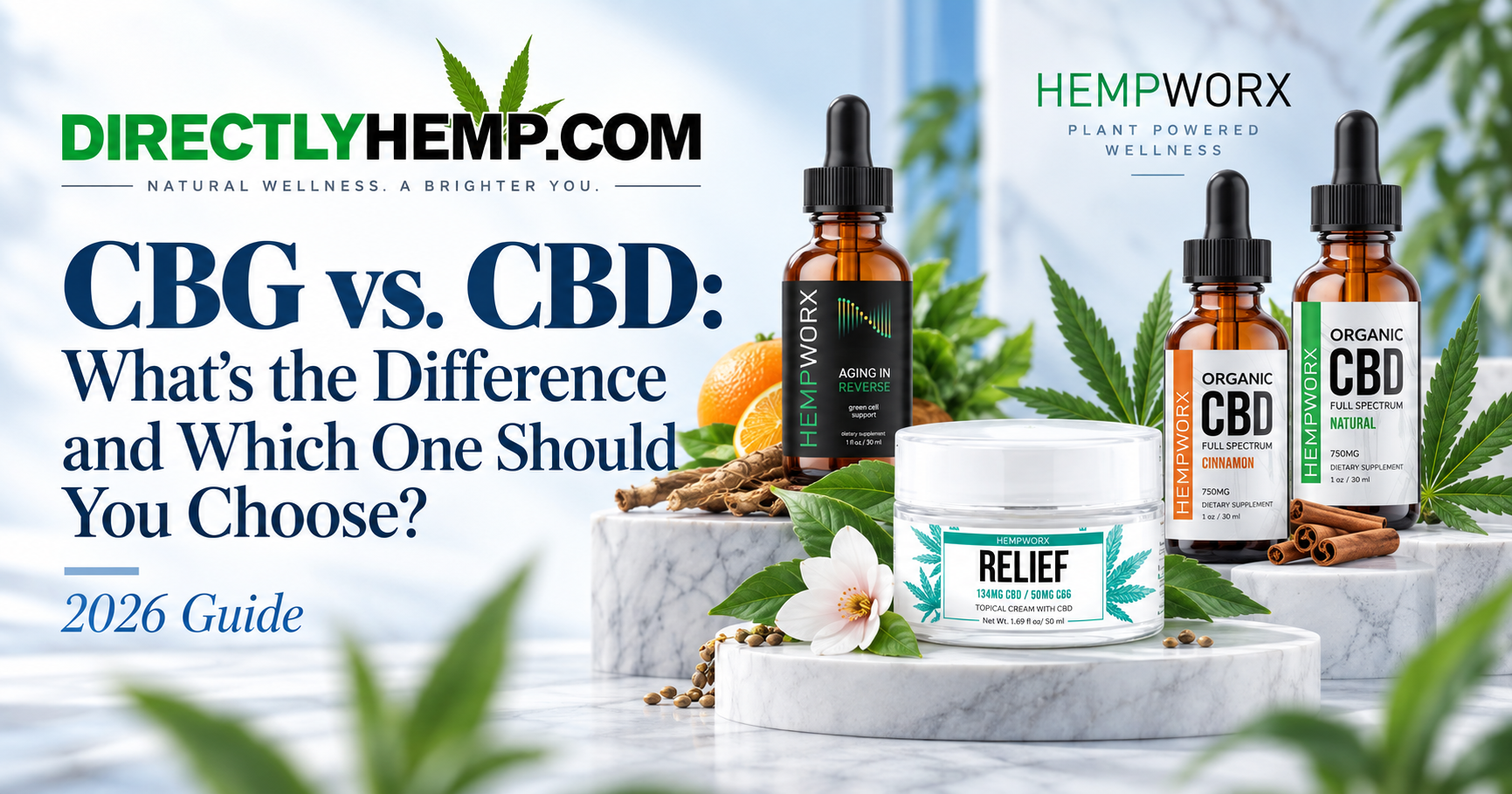 CBG vs CBD guide with HempWorx CBD and CBG products from Directly Hemp