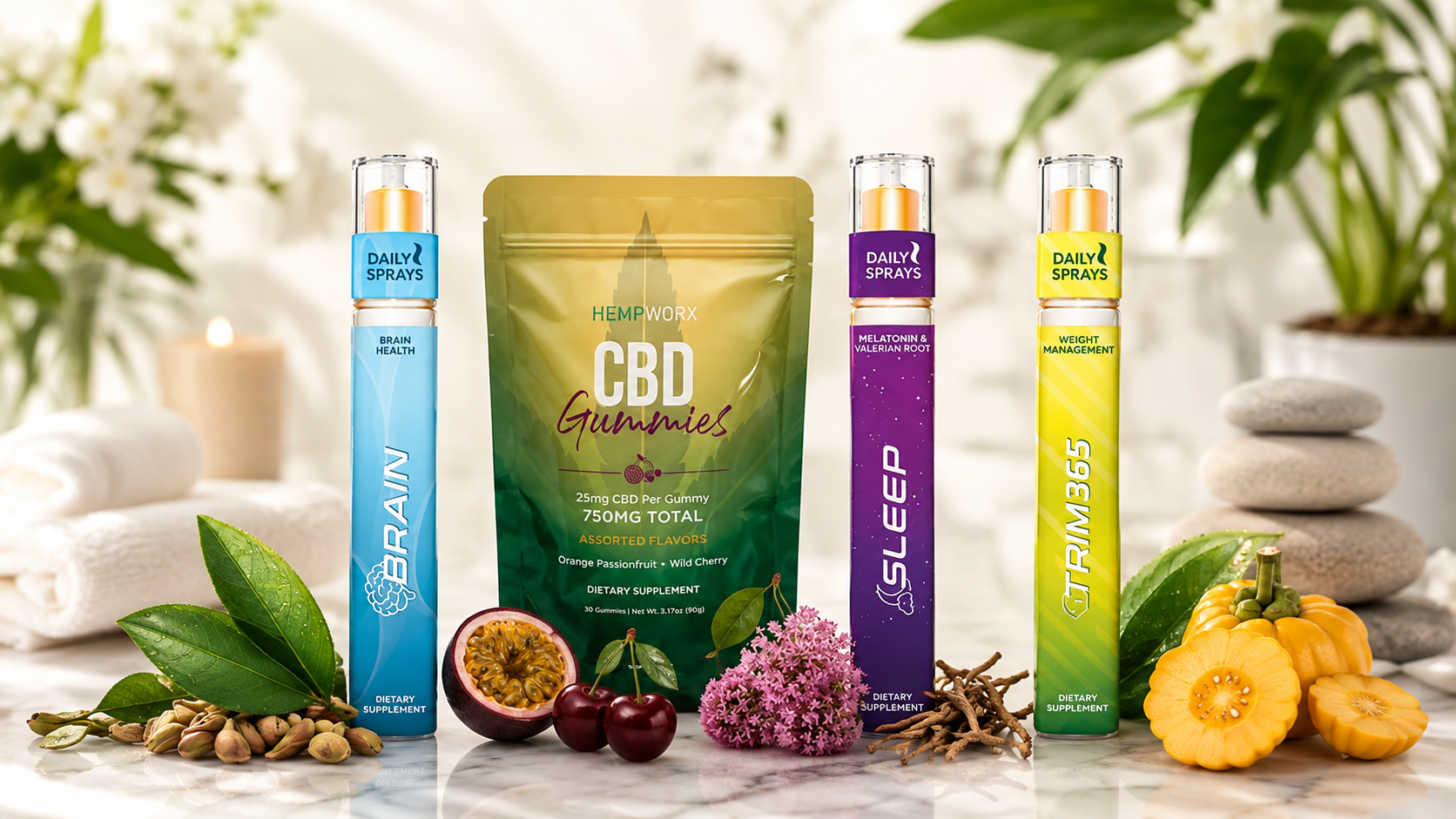 HempWorx CBD gummies pouch with Brain, Sleep and Trim 365 daily sprays