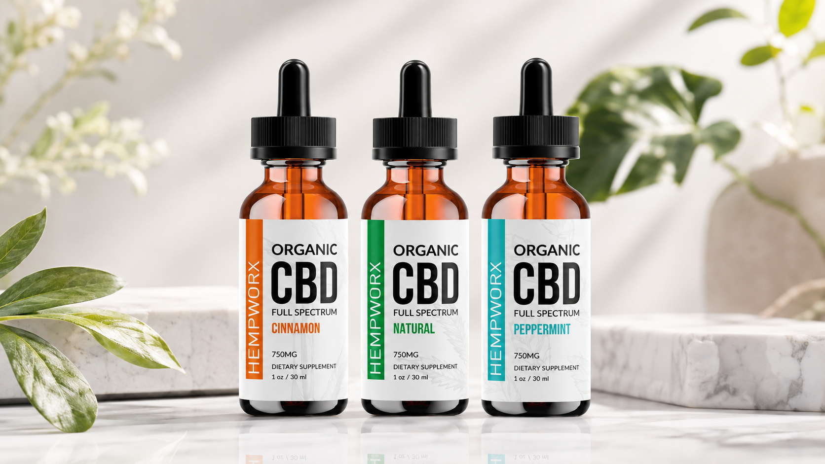 HempWorx 750mg organic full spectrum CBD oil in cinnamon, natural and peppermint