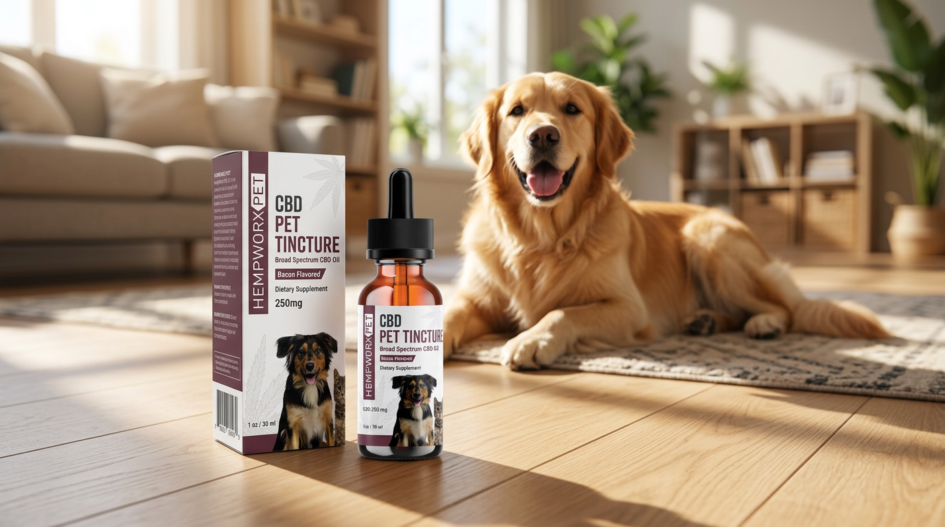 Golden retriever lying calmly beside a HempWorx broad spectrum pet CBD oil bottle